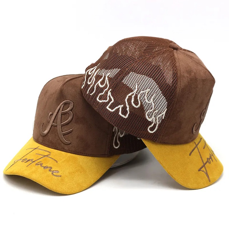 Factory Custom Suede Trucker Hat Embroidery Logo Brim Fair Mesh Trucker hoeden