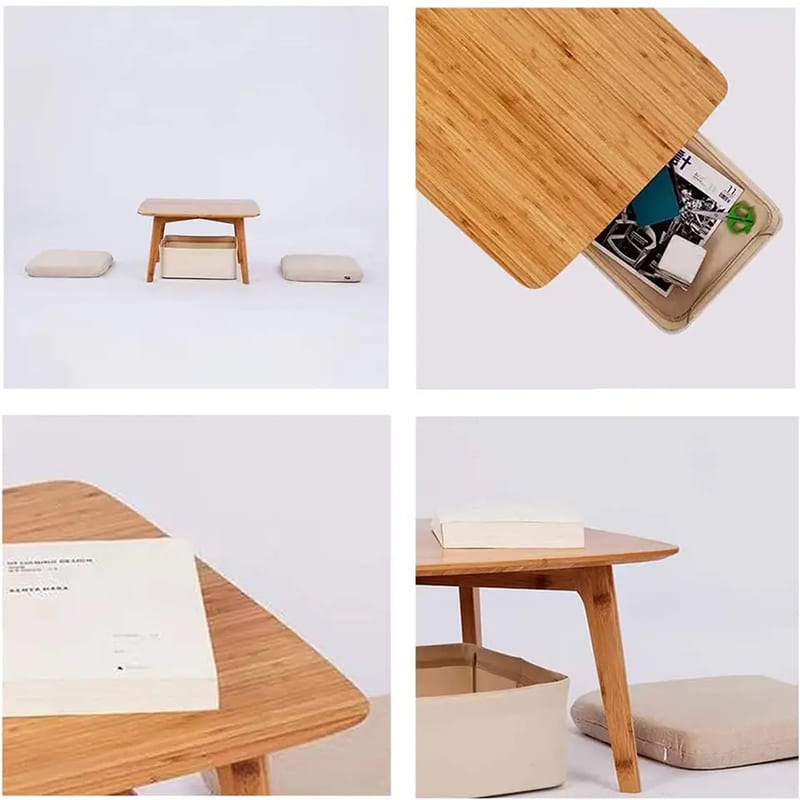 Een low theetafel ligt op de vloer van een vierkante tatami -tafel bamboe meubels