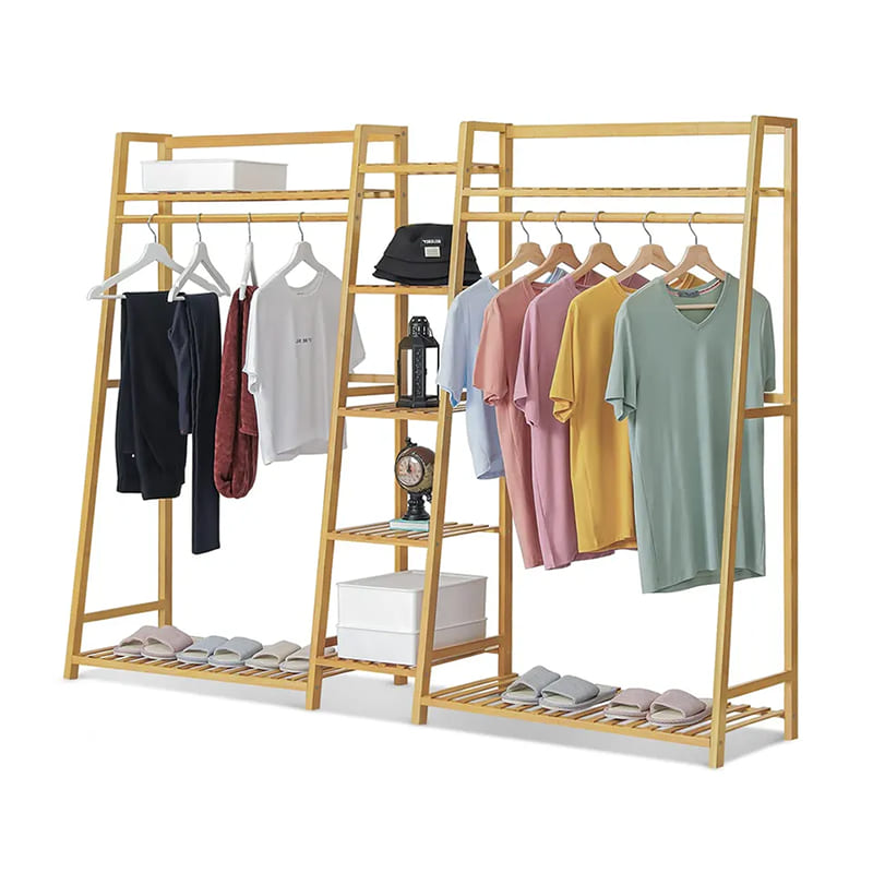 Trapeziumvormige onafhankelijke kledingrek bamboe garderobe kleding organisator