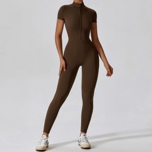 SC1075 One Piece workout Yoga Jumpsuits Solid Short Sleeve Half Zip Gym Romper Bodysuit