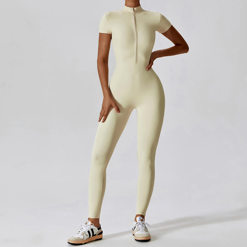 SC1075 One Piece workout Yoga Jumpsuits Solid Short Sleeve Half Zip Gym Romper Bodysuit