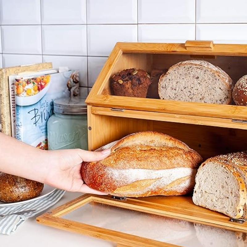 Bamboe brooddoos voor keukenteller - dubbele laag broodopslag met heldere ramen - rustieke boerderijstijl brood bak