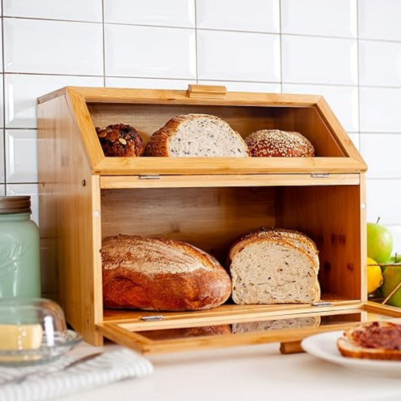 Bamboe brooddoos voor keukenteller - dubbele laag broodopslag met heldere ramen - rustieke boerderijstijl brood bak