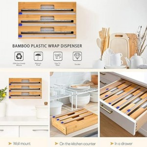 3 in 1 wrap -dispenser met snijder, plasticfolie, aluminiumfolie en waspapier dispenser voor keukenlade, bamboe -rol organisatorhouder, compatibel met 12 \\\\ \\\