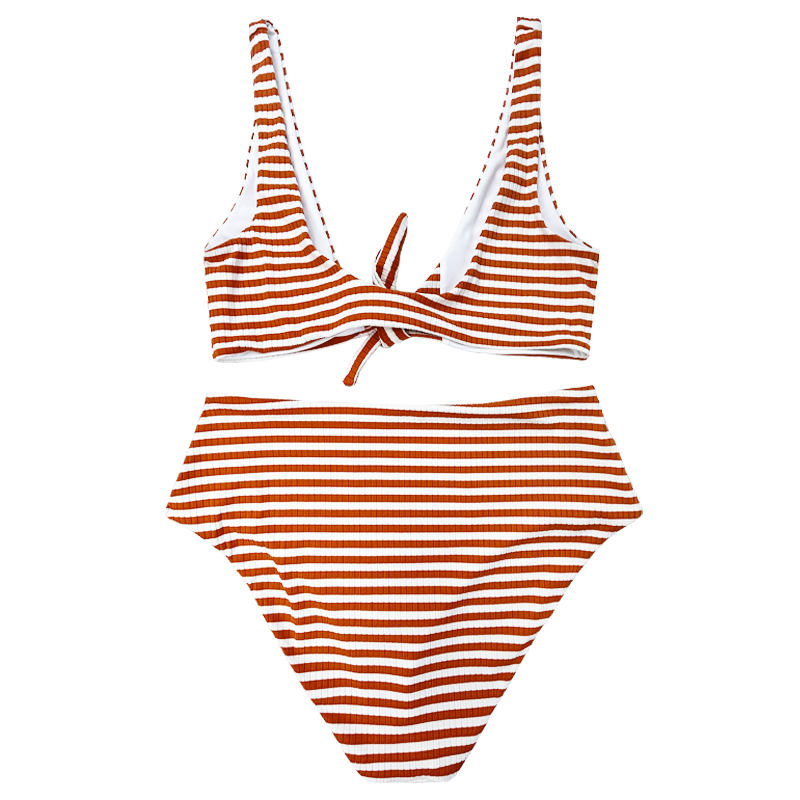 Oranje oranje witte strip brede schouderboog comfortabel hoge taille tweedelig zwempak
