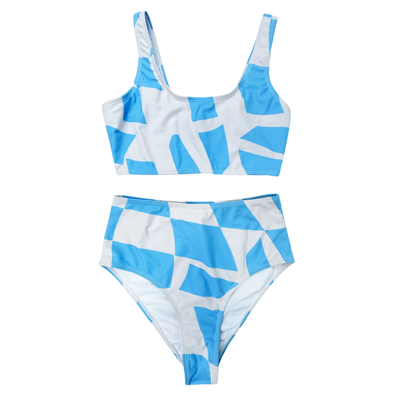 Blauw en wit geometrisch vest vaste kleur brede riem split zwempak