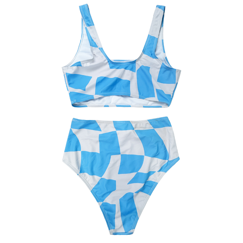 Blauw en wit geometrisch vest vaste kleur brede riem split zwempak