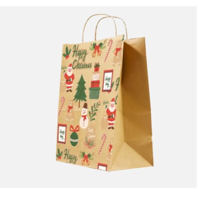 Kerstpapierzakken bruin met gedraaide handgrepen op maat gemaakte feestelijke cadeaubonnen met eigen badge groothandelspapierzakken