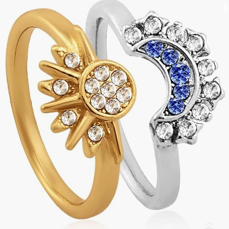 Celestial Sun and Moon verstelbare ring - 18k goud & Platinum vergulde koperen legering open-Bandring met wit & Blue Cubic Zirconia voor astrologieliefhebbers en elegante mode -slijtage