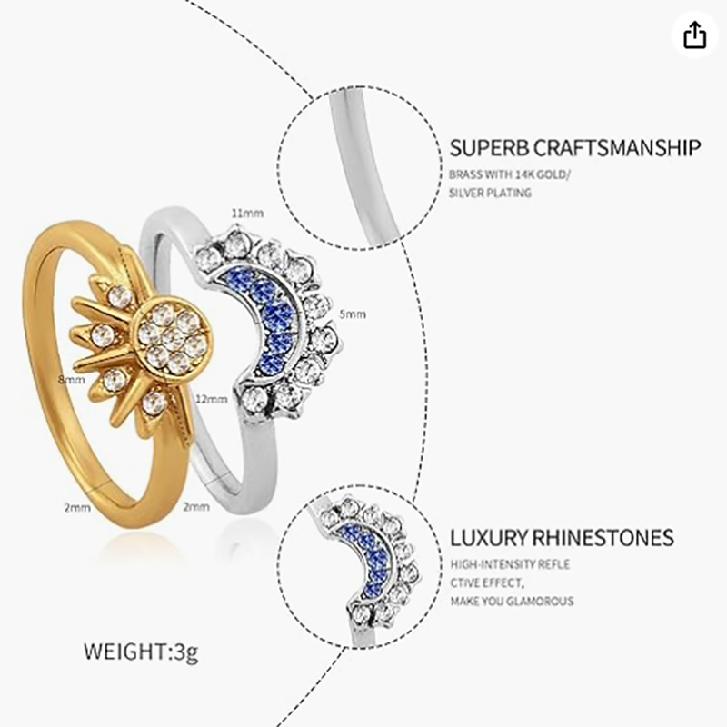 Celestial Sun and Moon verstelbare ring - 18k goud & Platinum vergulde koperen legering open-Bandring met wit & Blue Cubic Zirconia voor astrologieliefhebbers en elegante mode -slijtage