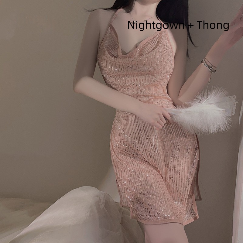 Sexy lingerie. Heet en verleidelijk diep V -nek met pailletten, spleetnachthemd - uniform plus - Grootte set.3539 Prijs:$112.99