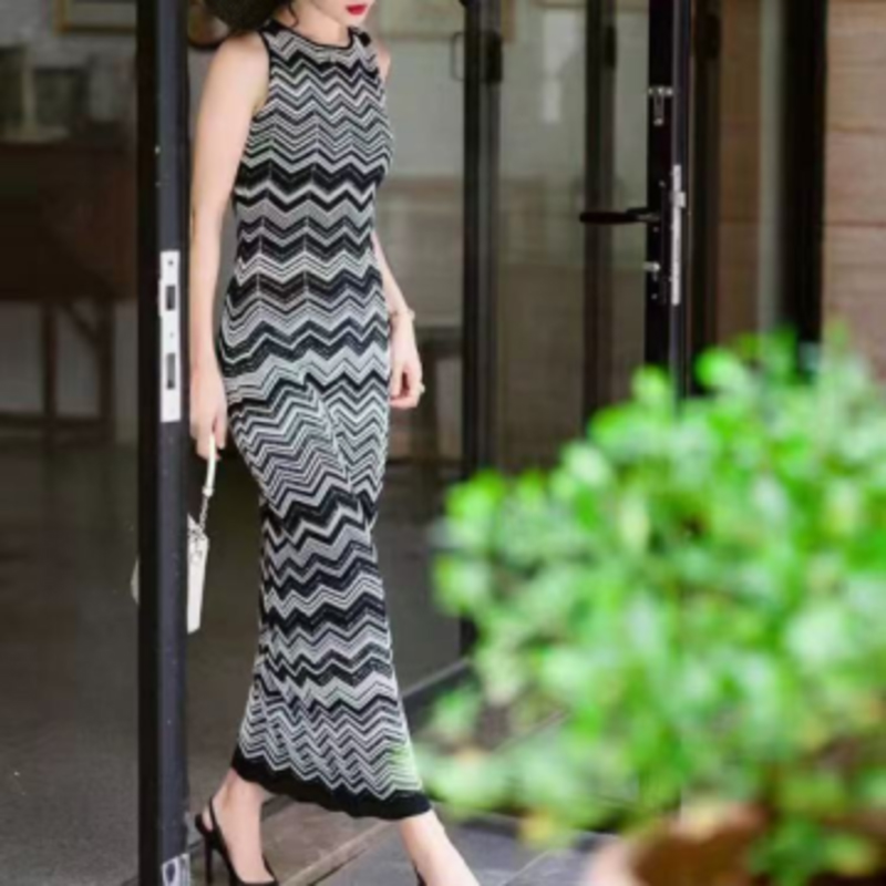 Zomer gebreide rondenek lange mouw intercolor vest, v-Nek mouwloze lange gebreide gestreepte kledingset