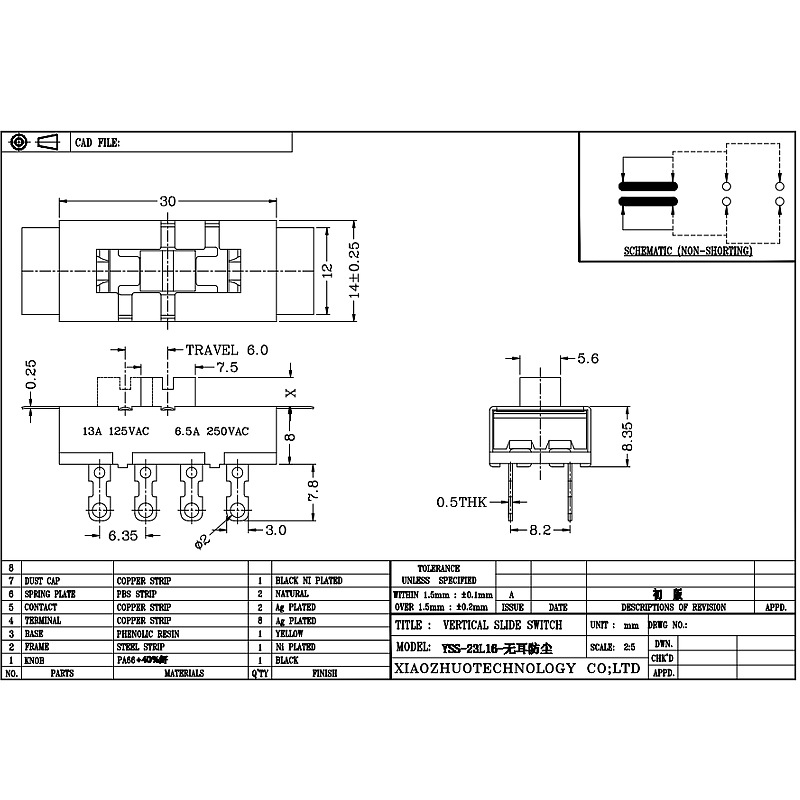 Slide Switch SS23L16, hoge stroom, drie-positie, dubbel-rij, 8-Pin, shredder -schakelaar, verticale schuifschakelaar voor mechanische apparatuur