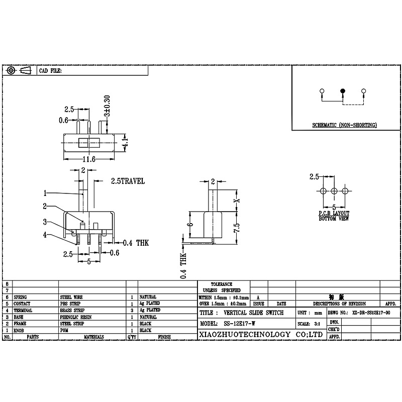 Schuifschakelaar SS12E17 Elektrische verwarming Schuifschakelaar Bend voet 2-Positie 3-Pin Toggle Switch