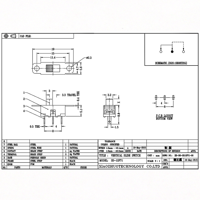 Slide Switch SS12F71 Toy Audio Single-Rij drie-Pin schuifschakelaar LED -licht Micro verticale schuifschakelaar